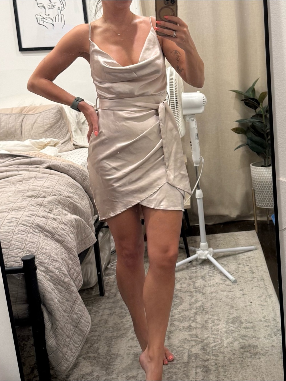 Angel Biba Champagne Satin Cowl Mini Dress